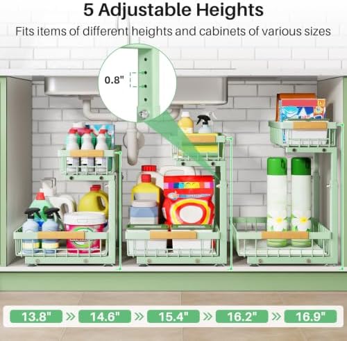 Kitstorack Under Sink Organizer, 2 Tier Under the Sink Storage, Slide out Pull out Cabinet Organizer Shelf, Metal Sliding Drawer for Kitchen Bathroom Pantry Closet Organization Rack, Green, 1 Pack - Image 4