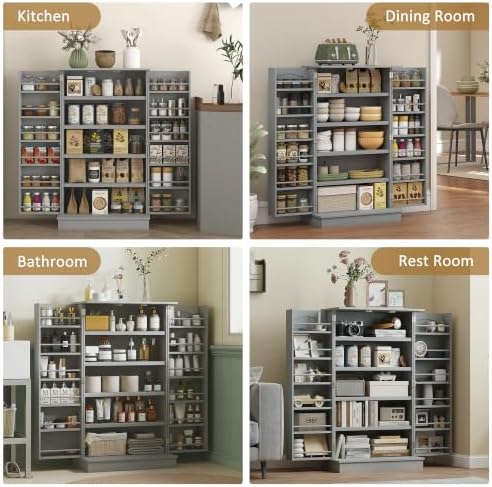 HOMCOM 41" Kitchen Pantry Storage Cabinet 12 Door Shelves Gray - Image 7