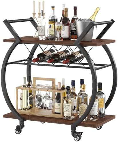 LVB Modern Bar Cart, Industrial Rolling Wine Cart with Wine Rack, Walnut by LVB