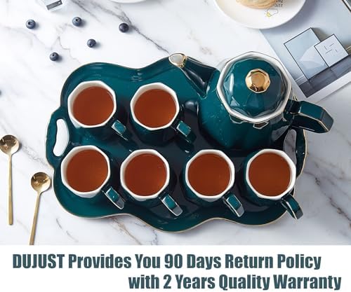 DUJUST 14 pcs Tea Set of 6 with Tray & Spoons, Modern Diamond Design Tea/Coffee Cup Set with Golden Trim, Chic Porcelain Living Room Decor, Fine-China Teapot Party Set, Gift Package - Green - Image 6