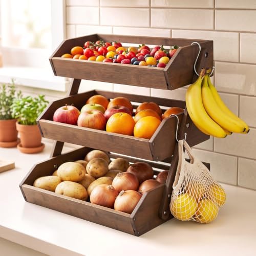 Marsui 3 Tier 16'' Bamboo Fruit Basket for Kitchen Counter, Dark Brown by Marsui