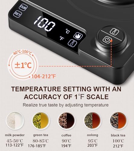 Gooseneck Electric Kettle with ±1°F Temperature Control - 1.0L Pour Over Coffee Kettle & Tea Maker, 1200W Fast Heating, 24H Keep Warm, Built-in Brew Timer, 100% Stainless Steel Interior - Image 2