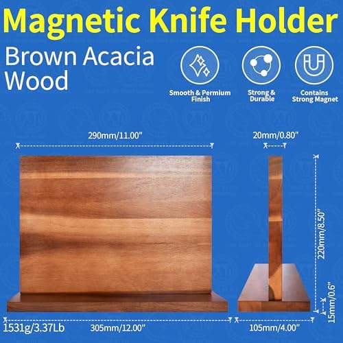XYJ Extra Large Magnetic Knife Block Acacia Wood Knife Set Holder Stand With Stronge Magnetic Strip Kitchen Knives Storage Rack Organizer Tools No Drilling - Image 2