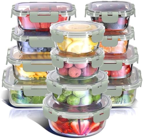 Nestl 24pc Glass Storage Containers with Lids, 12 Glass Food Storage Containers with 12 Airtight Lids for Pantry & Kitchen, Meal Prep Containers for Lunch, Oven Microwave & Dishwasher Safe, Sage Green by Nestl