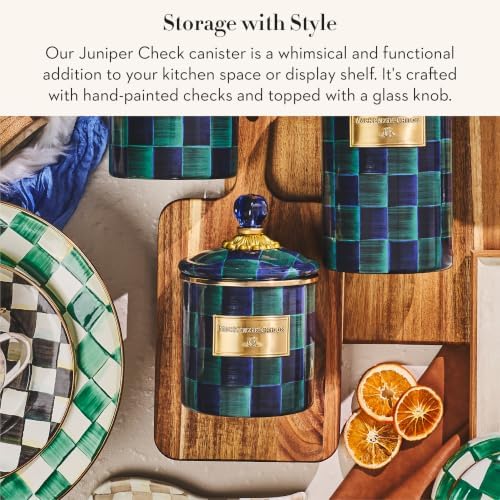 MACKENZIE-CHILDS Enamel Canister, Medium, Dark-Green-and-Blue Juniper Check - Image 2