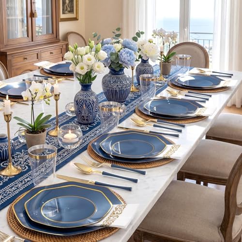 KIRE 140Pcs Blue Plastic Plates with Gold Rim - Navy Blue Plates for Party - Image 3