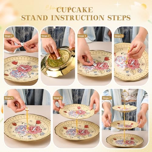 21 Pcs Porcelain Tea Set with 3 Tier Dessert Stand, Yellow, Vintage - Image 5
