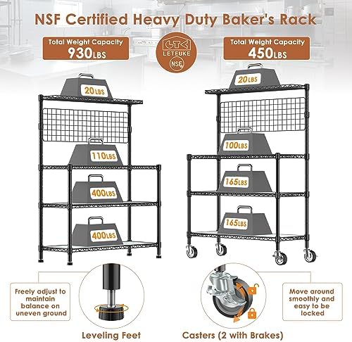 Bakers Rack with Storage & Wheels, 42In Microwave Stand Kitchen Shelves - Image 5