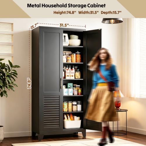 74.8" H Tall Storage Cabinet, Kitchen Pantry Cabinet with Doors, Black Freestanding Kitchen Cabinet for Kitchen, Dining Room & Pantry Organization, Adjustable Shelves, 74.8" Hx31.5 Wx15.7 D - Image 2