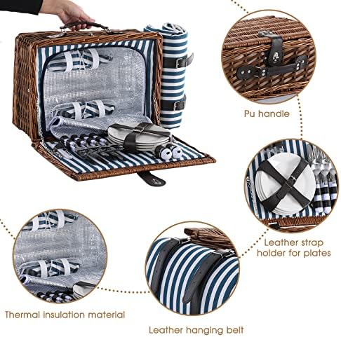 Picnic Basket for 4 with Waterproof Blanket, Blue &Grey Stripe - Image 4