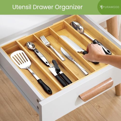 Purawood Bamboo Drawer Organizer, 2 Pack - Expandable Silverware Organizer & Utensil Organizer, Cutlery Tray with Dividers, 7-9 Slots - Premium Kitchen Organizer for Utensils & Flatware (Natural) - Image 4