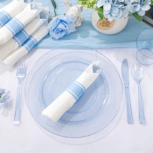 DaYammi 210PCS Blue Glitter Plastic Dinnerware Set for 30 Guests - Image 3