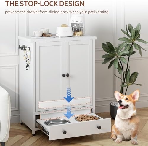 Dog Feeding Station with Storage, Metal Dog Food Storage Cabinet with 2 Elevated Bowls and 3 Hooks, Pet Feeding Station and Dogs Food Storage Organizer - Image 3