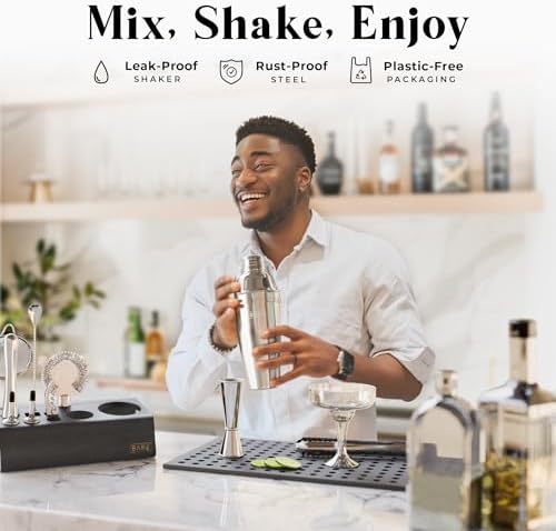 BARE BARREL® Mixology Bartender Kit Bar Set | 14-Piece Cocktail Shaker Set | Martini Barware Mixing Tools for Home Bartending | Incl. 35 Recipe Cards | Gift Set (24oz Cobbler Shaker, Silver/Black) - Image 3