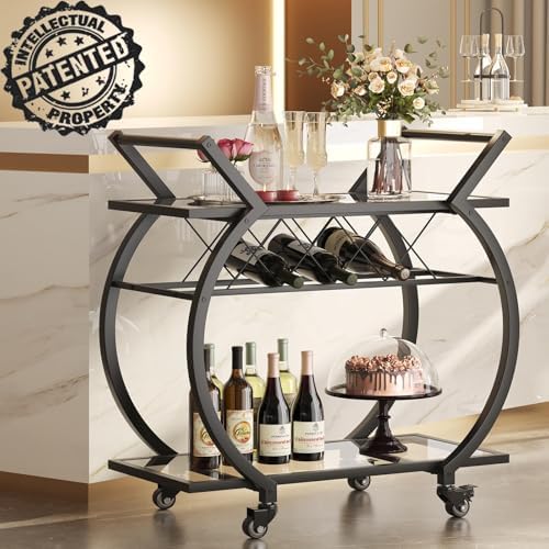 LVB Bar Cart with Glass, Black Bar Cart with Wheels, Home Bar Serving Cart - Image 3