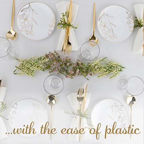 [6'' Plates 10 Count] White Plastic Floral Design Party Plates With Gold Rim Premium heavyweight Elegant Disposable Tableware Dishes - Image 6