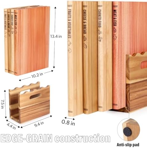 4Pcs Book Cutting Board Set with Stand - The Cutting Board Library, Solid Wood Book-Shaped Boards for Serving & Display, Labeled for Meat & Fish, Bread & Cheese, Cooked Food, Fruits & Vegetables - Image 2
