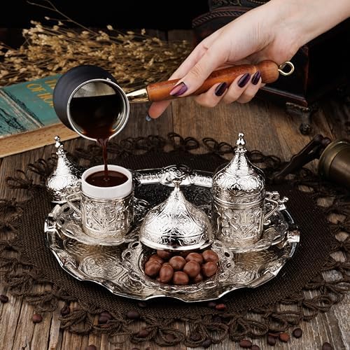 DEMMEX Turkish Greek Arabic Coffee Making and Serving Full Set with Cups Saucers Lids Sugar Bowl Tray and Copper Coffee Pot, 12 Pcs - Image 4