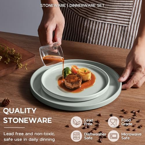 Onader Speckled Dinnerware Set for 4 with Pasta Bowl, 16 Piece Stoneware Plates and Bowls Dishes Set, Microwave & Dishwasher Safe – Pale Sage Green - Image 3