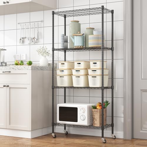Homdox Heavy Duty 4-Tier Metal Shelving Unit with Adjustable Shelves, Rolling Storage Rack for Kitchen, Garage, Pantry, 29.92"x13.98"x74.41", Black - Image 2