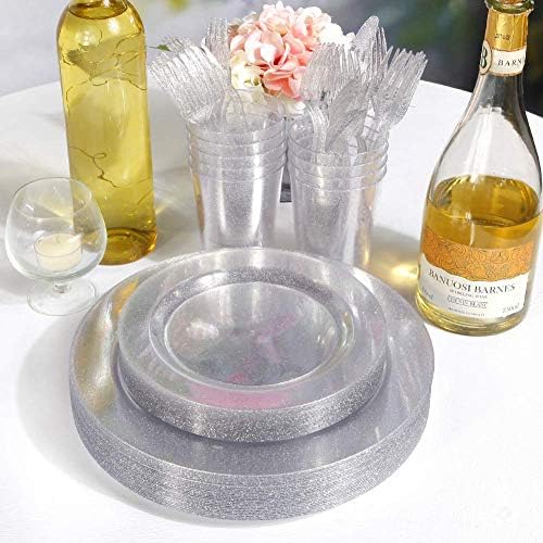 WDF 120PCS Silver Plastic Plates- Disposable Silver Glitter Plates - 60Pcs 10.25" Dinner Plates and 60 Pcs 7.5" Salad Plates for Wedding/Birthday/Party - Image 5