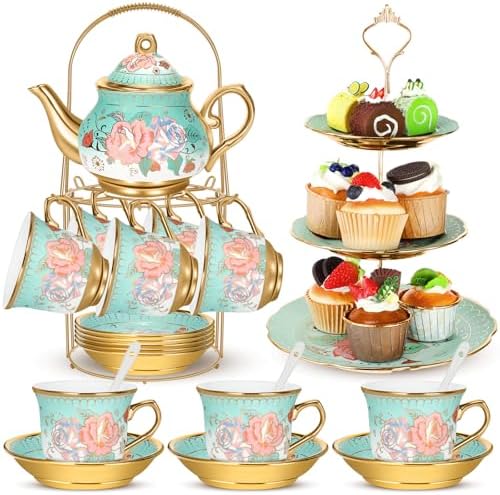 21 Pcs Porcelain Tea Set with 3 Tier Dessert Stand, Green, Summer by Suttmin