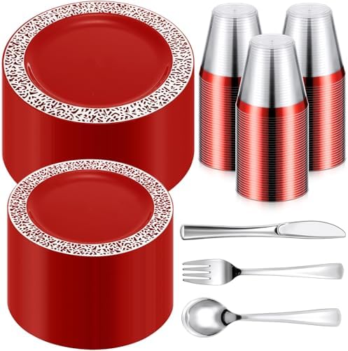 Norme 300 Pieces Disposable Plastic Dinnerware Set, 100 Plastic Plates, 150 Knives, Forks and Spoons with 50 Rimmed Cups for 50 Guests Wedding Party Supplies(Red Silver) by Norme