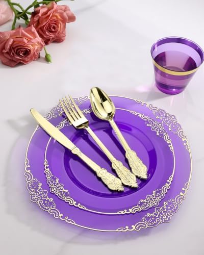 Goodluck 175 Piece Clear Purple Plastic Dinnerware Set for 25 Guests - Image 6