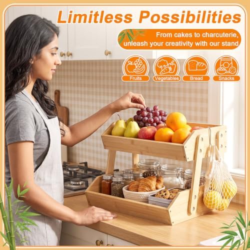Marsui 2 Pcs 2 Tier 16" Bamboo Fruit Basket for Kitchen Counter, Wood - Image 6