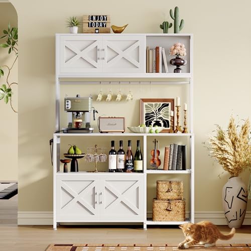 Huuger Large Bakers Rack with Power Outlet, Kitchen Microwave Stand with Cabinets, Coffee Bar Table Station with Storage, 6 S-Shaped Hooks, Mesh Shelves, 45 Inch Wooden Top, White - Image 7