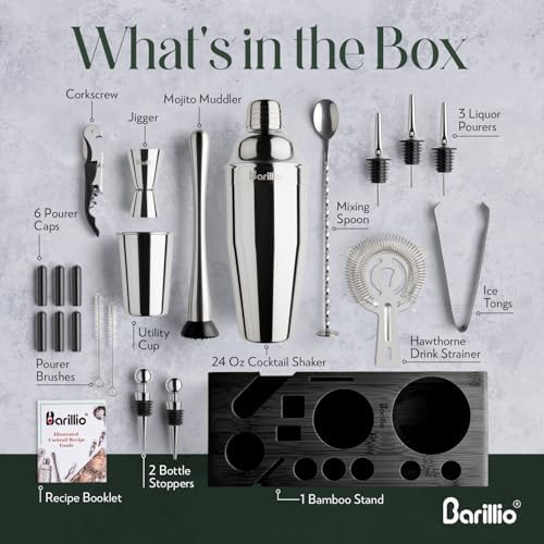 Barillio Silver Bartender Kit - Stainless-Steel Cocktail Shaker Set w/Black Bamboo Stand - Mixology Bar Tools w/Drink Shaker, Mixer & Muddler for Cocktails - Home Bar Accessories - 23-Pc Bar Set - Image 3