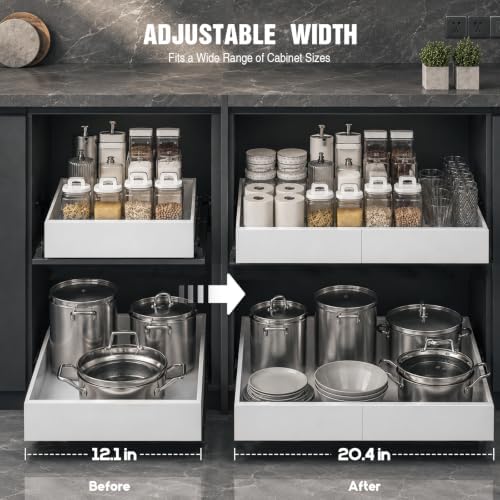 Seinloes 4 Pack Expandable Pull Out Cabinet Organizer 21"Deep With Raising Pad for Framed Cabinets,Upgrade 3 Slide Rails Slide Out Drawers,No Drill Roll Out Shelves,Adjustable Width 12.1"-20.4" White - Image 5