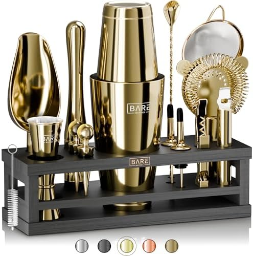 BARE BARREL® Mixology Bartender Kit Bar Set | 16-Piece Cocktail Shaker Set | Martini Barware Mixing Tools for Home Bartending | Incl. 35 Recipe Cards | Gift Set (28oz Boston Shaker, Gold/Black) by BareBarrel