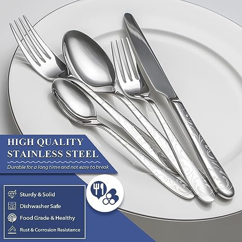 40 Piece Silverware Set Service for 8, EIUBUIE Premium Stainless Steel Cutlery Set, Mirror Polished Flatware Sets with Pattern Handle, Modern Kitchen Eating Utensils Sets Include Spoons Forks Knives - Image 3