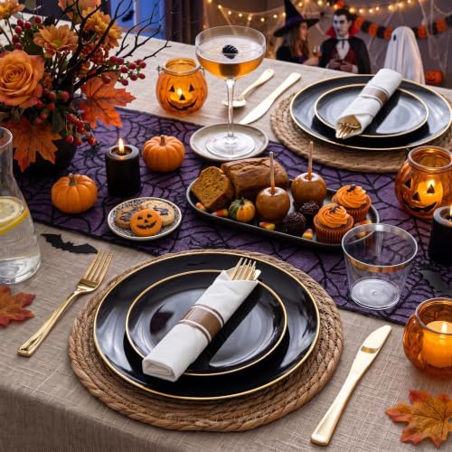 KIRE 175Pcs Black Plates Disposable - Heavy Duty Black and Gold Plastic Plates- 25 for Dinner 25 for Dessert 25 Pre Rolled Gold Silverware and 25 Cups for Party/Wedding/New Year/Halloween - Image 2