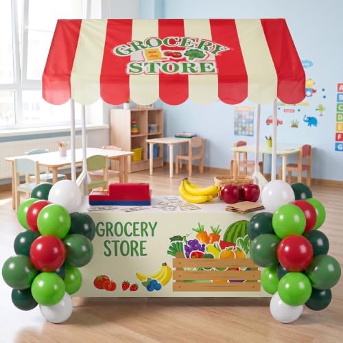 SmoothNovelty Grocery Store Stand Pretend Play Grocery Store Locally Grown Farmers Market Fruit Vegetable Party Decor with Shelf Banner Roof Balloons for Locally Grown Baby Shower Dramatic Play Stand - Image 6