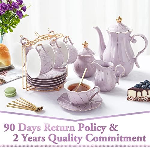 DUJUST 22 pcs Porcelain Tea Set for 6, Luxury British Style Tea/Coffee Cup Set with Golden Trim, Beautiful Tea Set for Women, Tea Party Set, Gift Package (With a Stand) - Purple - Image 6