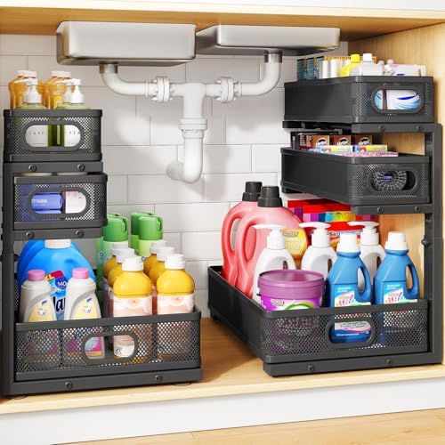 Under Sink Organizer, 3-Tier Thickened Metal Pull out Cabinet Organizer Shelf, Height Adjustable Slide out Storage Drawer Rack for Kitchen Bathroom Pantry Laundry Home Organization, 2-Pack, Black by HERJOY