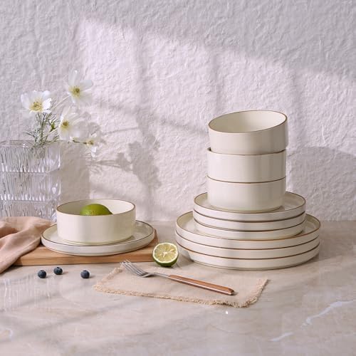 Famiware Nebula 24-Piece Dinnerware Set, Vanilla White with Brown Rim - Image 6