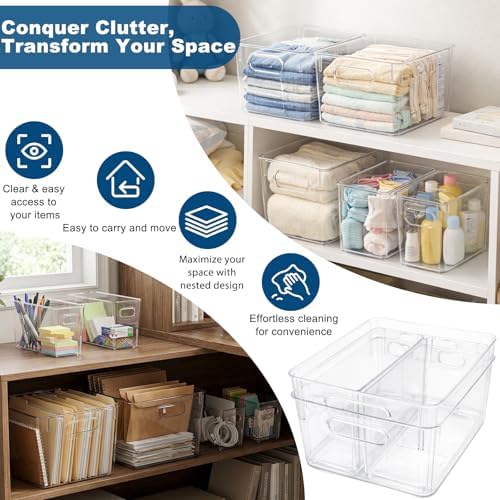 MOONEDGE Set of 12 Clear Plastic Storage Organizer Bins, 4 Large & 8 Small - Image 5