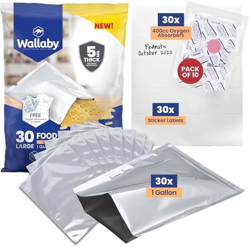 Wallaby 1-Gallon Open Top 10 Mil Mylar Bags, Oxygen Absorbers (30-Pack) by WallabyGoods