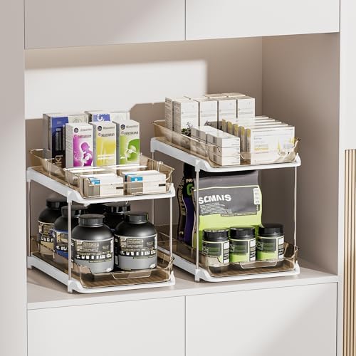 Delamu 2-Tier Multi-Purpose Bathroom Under Sink Organizers and Storage, Stackable Kitchen Pantry Organization, Pull Out Medicine Cabinet Organizer with Movable Dividers, Amber, 4 Pack - Image 6