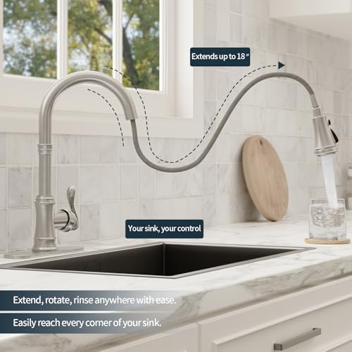 BWE Solid Brass Brushed Nickel Pull Down Kitchen Faucet for Farmhouse RV - Image 2