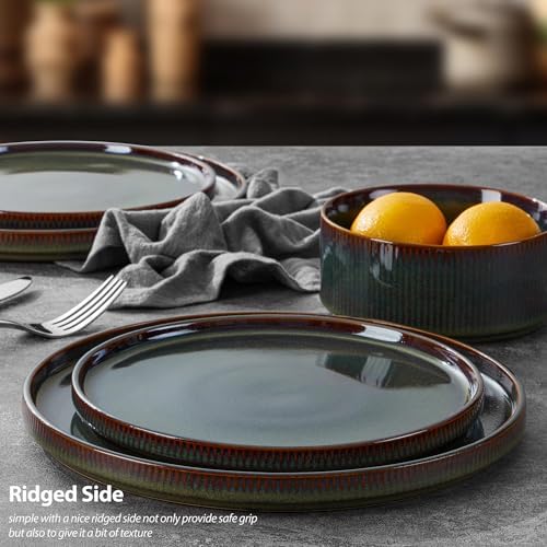 LIANYU Dinnerware Sets with Pasta Bowls, 24 Piece Ribbed Dinnerware Plates and Bowls Set for 6, Elegant Modern Stoneware Dishes Set for Kitchen Dining, Microwave and Dishwasher Safe, Jungle Green - Image 4