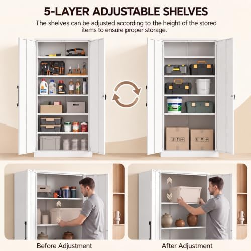 KAER Metal Storage Cabinet with Lock, 72" Steel Lockable Garage Storage Cabinet with 2 Doors & 5 Adjustable Shelves, White Freestanding Tool Storage Cabinet for Garage, Home Office, Kitchen, Warehouse - Image 4