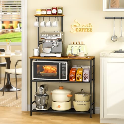 3IngSeagulls Bakers Rack with Storage, Kitchen Microwave Stand with Adjustable Shelf and 6 S Hooks, 4-Tier Coffee Station Table, Kitchen Shelves for Spices, Pots, Rustic Brown by 3IngSeagulls