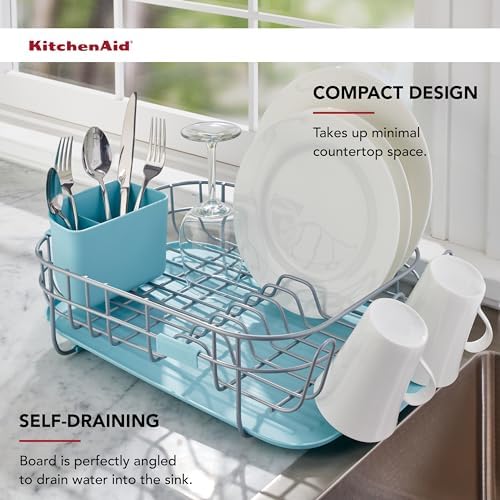 KitchenAid Low Profile Compact Dishrack with Removable Flatware Caddy and Angled Self-Draining Board, Rust Resistant Wires, 12.59 x 17.55 x 6.29 Inch, Mineral Water - Image 3