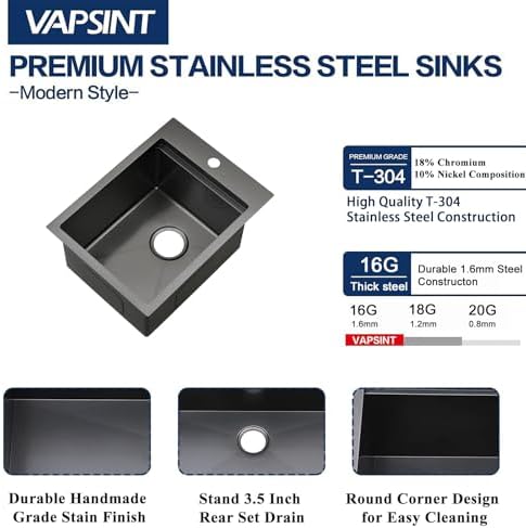 VAPSINT 15x20 Inch Black Drop In Bar Sink Workstation, 15x20x9 Inch Topmount T304 Stainless Steel Small Kitchen Bar Sink, Handmade Gunmetal Single Bowl for Wet Prep RV Outdoor with Accessories - Image 4