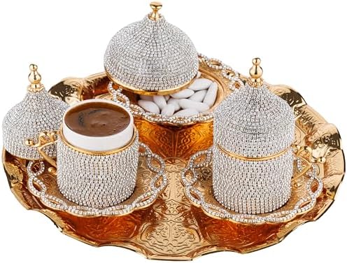DEMMEX Turkish Greek Arabic Coffee Making and Serving Full Set with Cups Saucers Lids Sugar Bowl Tray and Copper Coffee Pot, Hand Decorated with Gold Crystals, 12 Pcs (Crystals) - Image 4