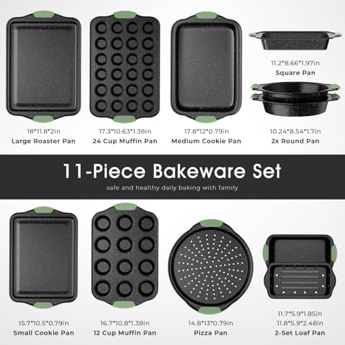 11-Piece Nonstick Bakeware Set, Stackable Baking Pans, Dark Green&Black - Image 2
